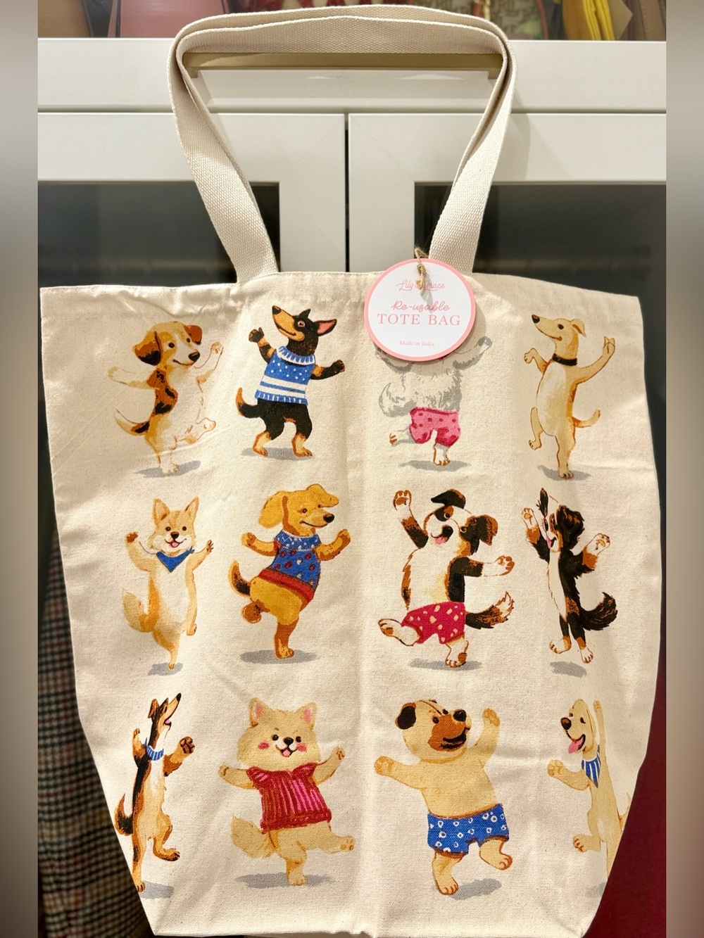 NWT Lily & Grace Dancing Dogs Reusable Canvas Super Cute Tote Bag